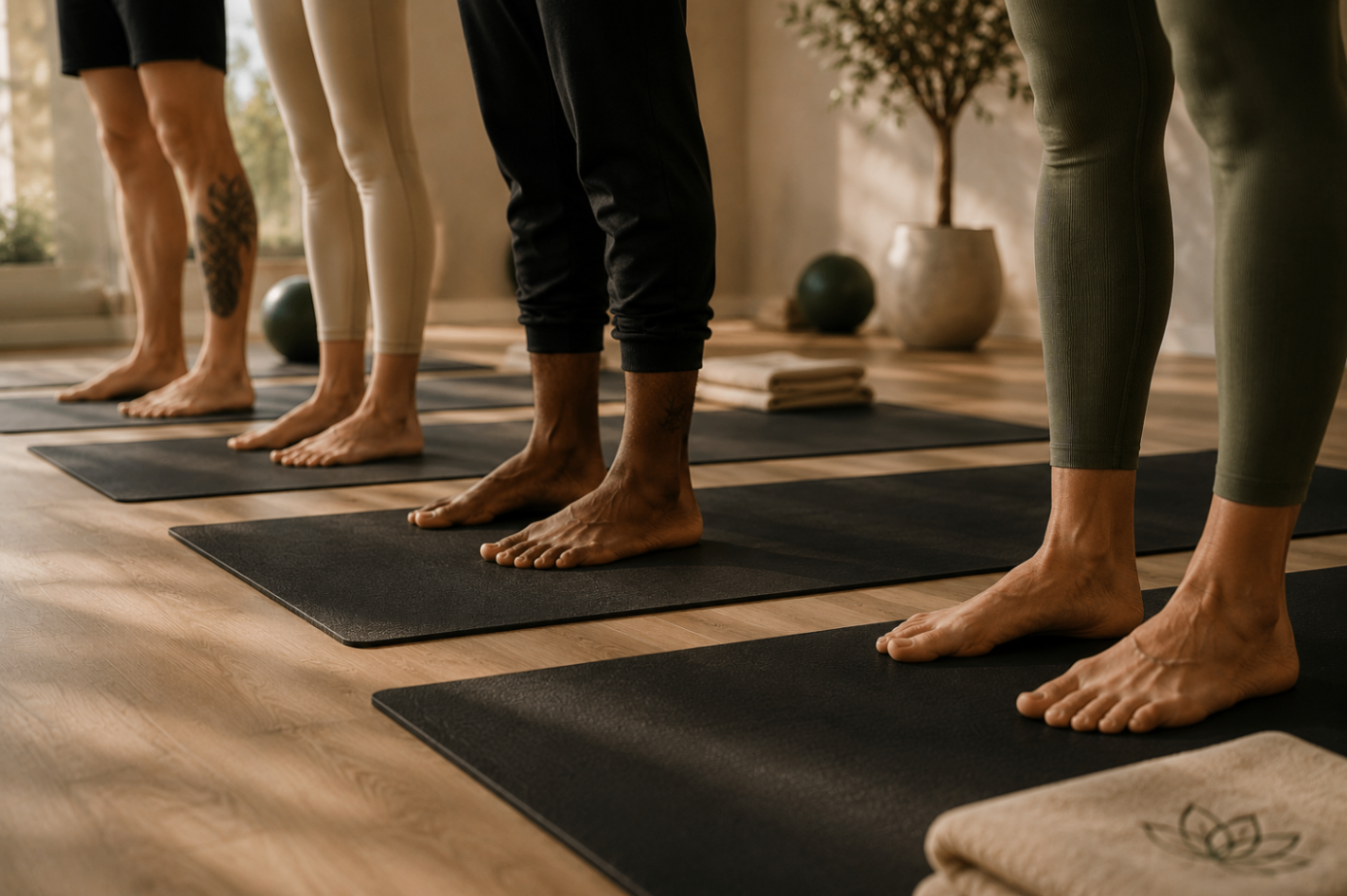 Participants standing at the front of their mats during a Recovery Movement session.