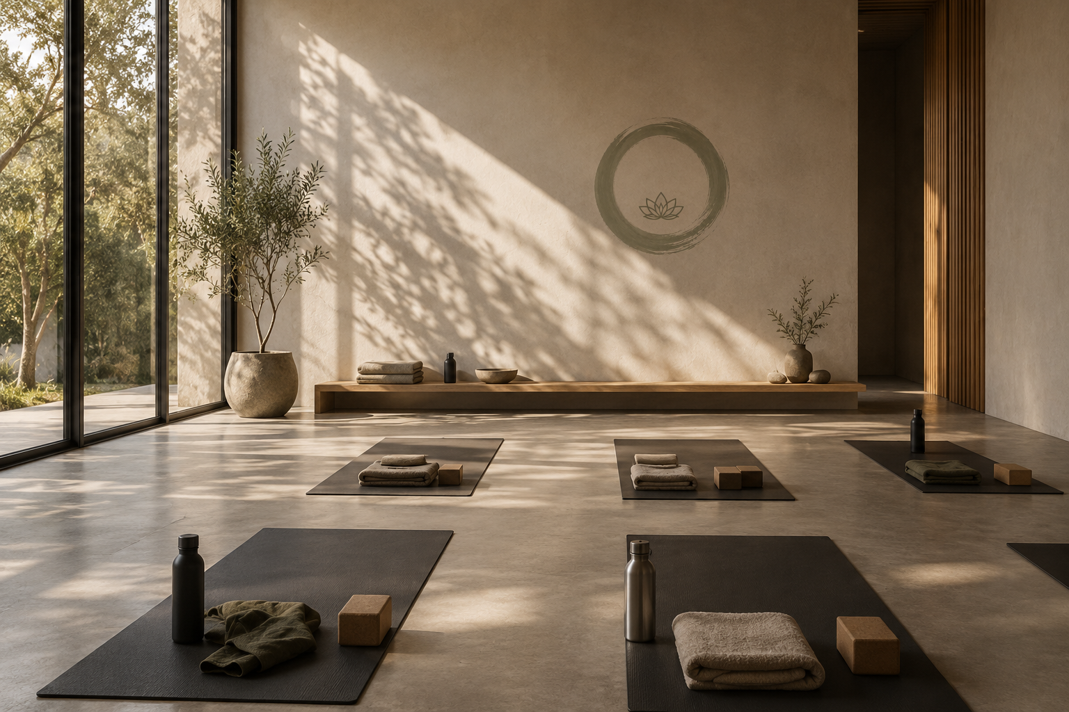 A quiet studio in warm morning light — mats, bolsters and folded towels arranged before class, with the Recovery Movement mural on the wall.