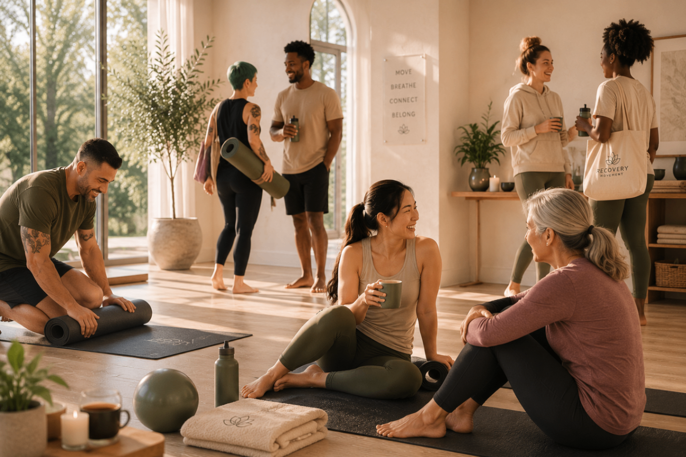 Participants arriving to a light-filled studio — mats being unrolled, tea in hand, quiet conversation.