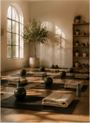 Bare feet resting on a dark movement mat in warm natural light at the start of a session.